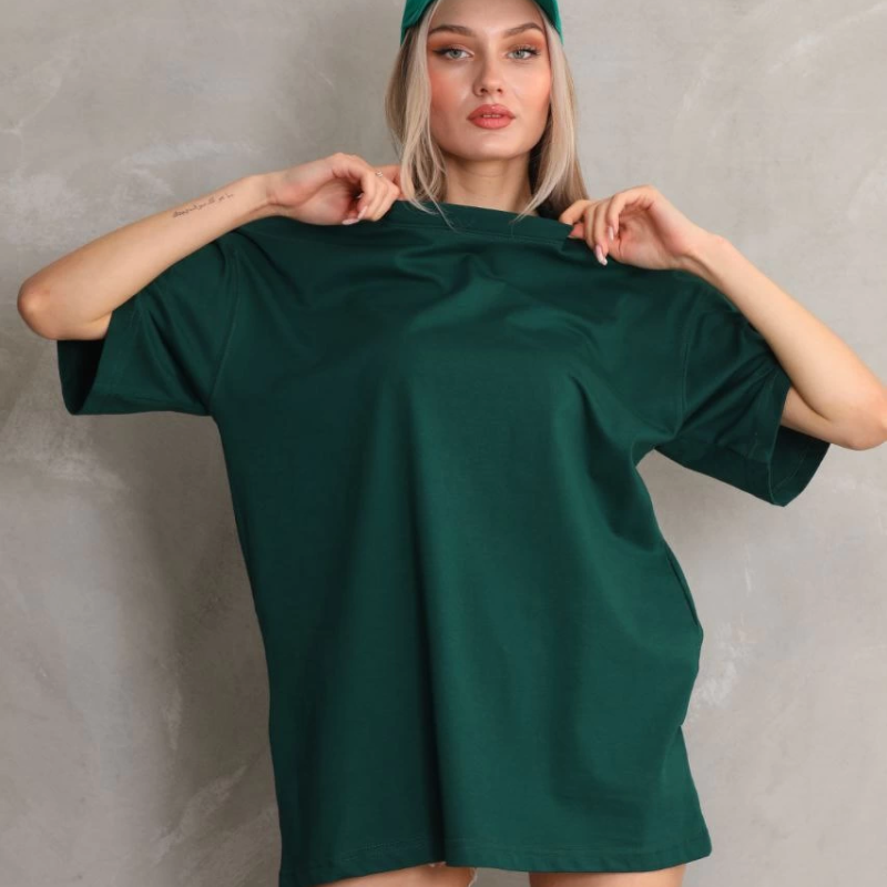 Kadın Düz  Kısa kol Penye T-shirt- Yeşil